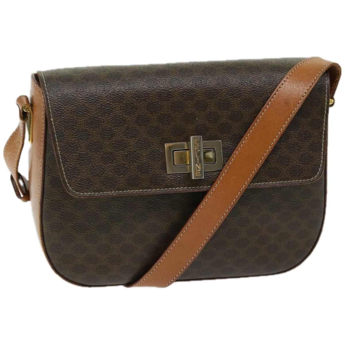 Celine Macadam Canvas Shoulder Bag Pvc Leather Brown Auth 67004